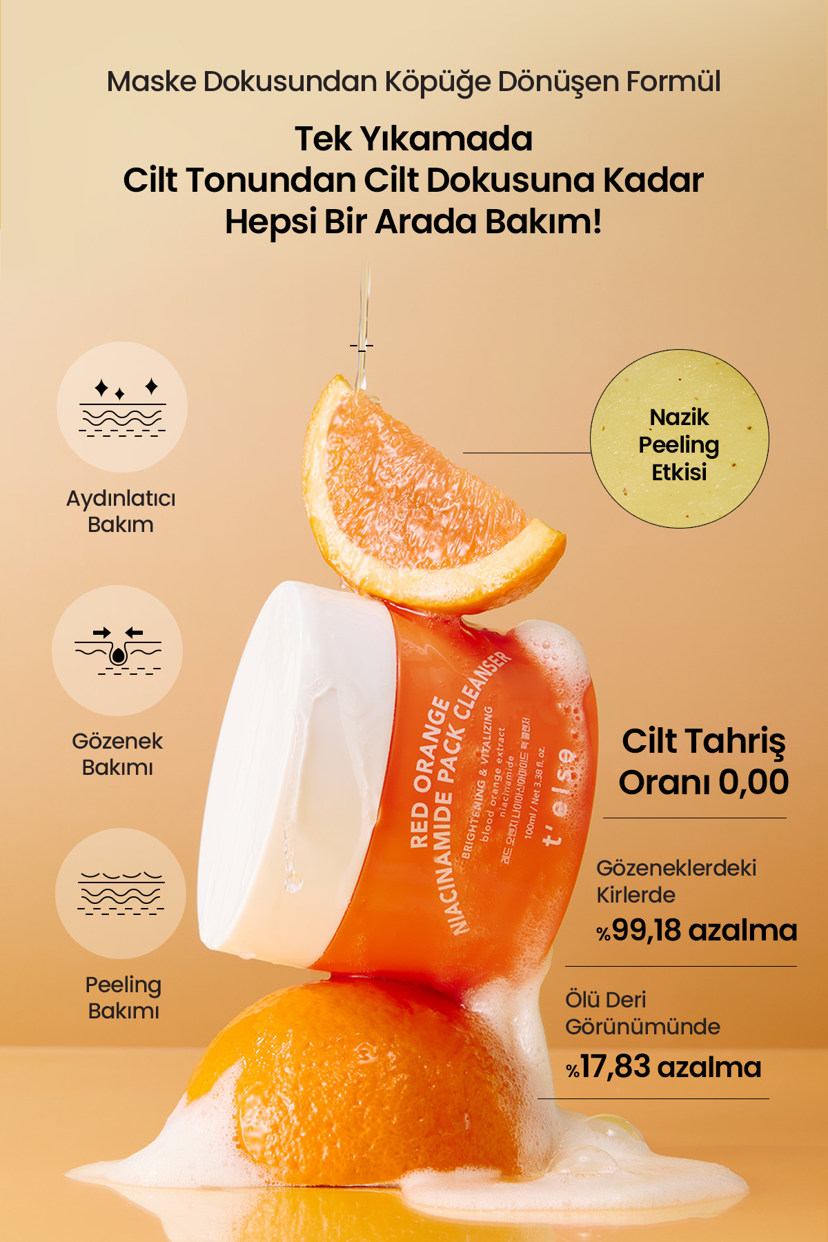 Siyah Nokta Karşıtı, Aydınlatıcı Yüz Temizleme Kremi TELSE Red Orange Niacinamide Pack Cleanser — 9839 — تصویر 7 از 9