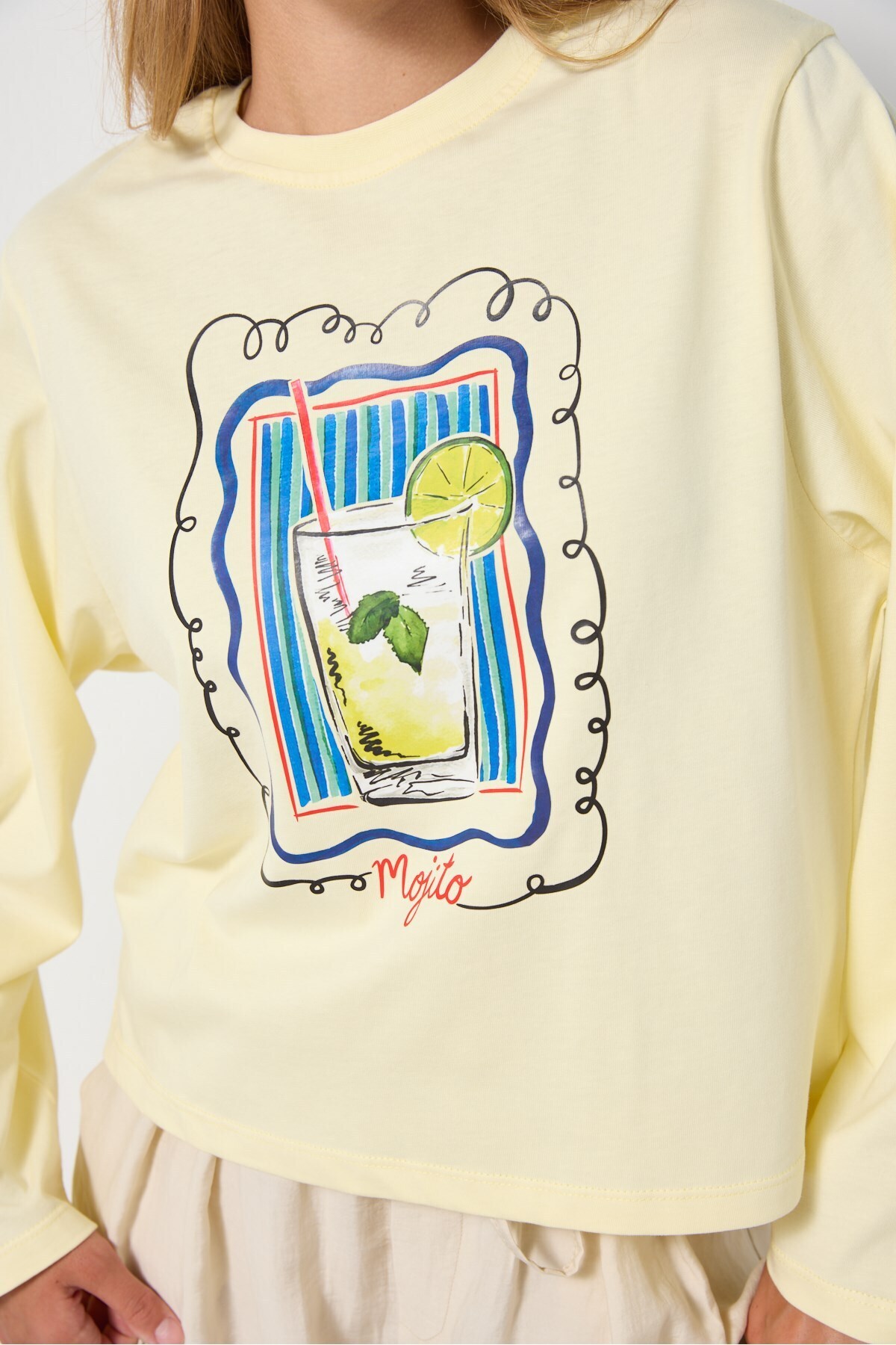 mina aise Kadın Sarı Geniş Kol Oversize Baskılı Tshirt 31212