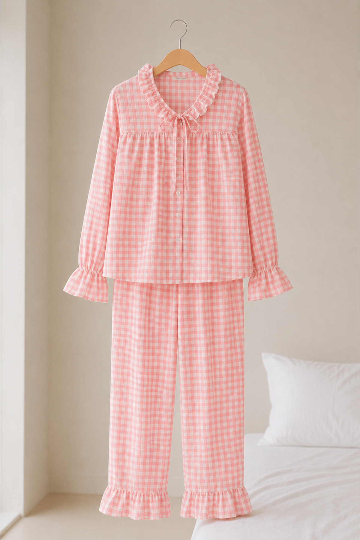 BELLA NOTTE Pembe Beyaz Pötikare Fırfır Yaka Bağlama Detaylı Uzun Kollu Pijama Takımı görsel 4