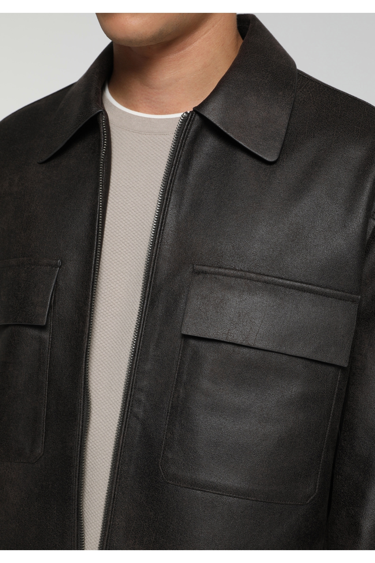 Regular Fit Shirt Neck Fermuarlı Astarlı Erkek Kahverengi Mont Pu — قهوه‌ای CL1082377_Q1.V1 — تصویر 4 از 6