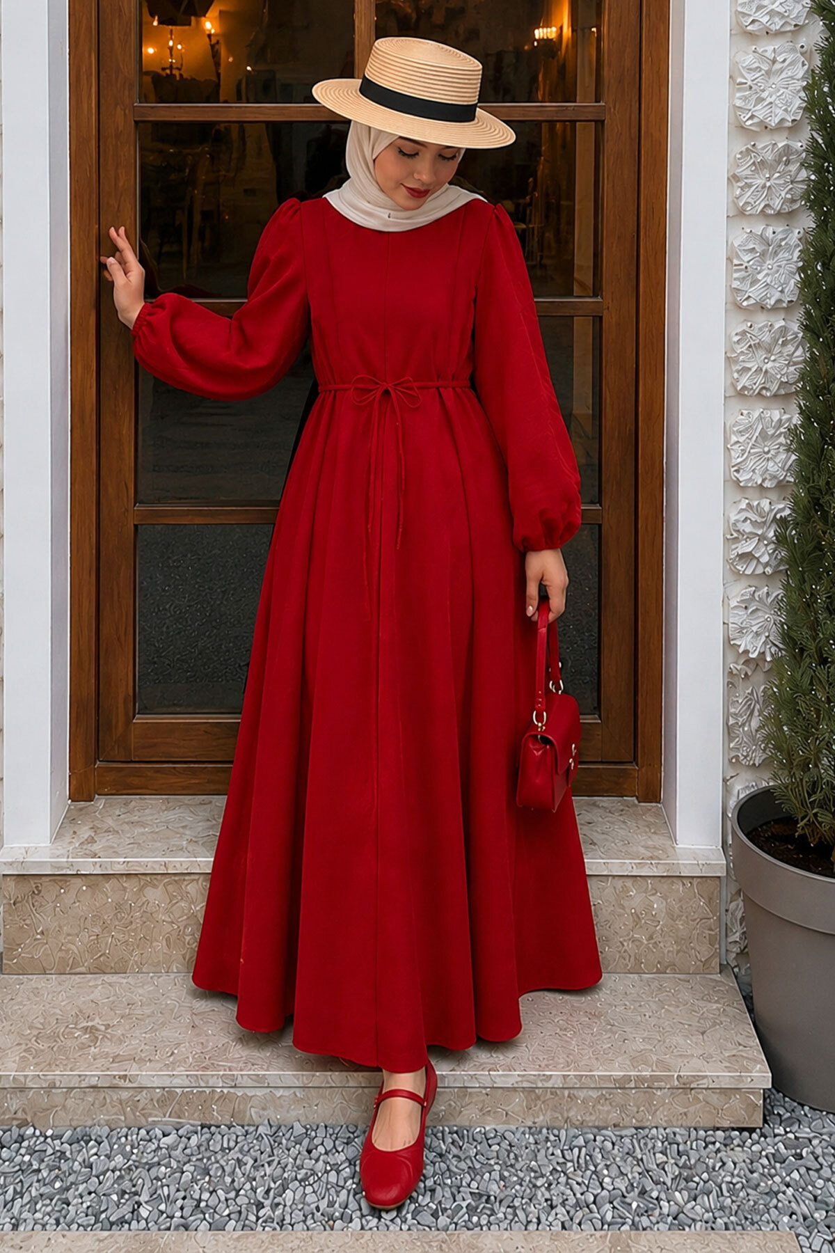Tesettür Dünyası Alya Dikiş Detaylı Elbise TSD260273 Kırmızı görsel 3
