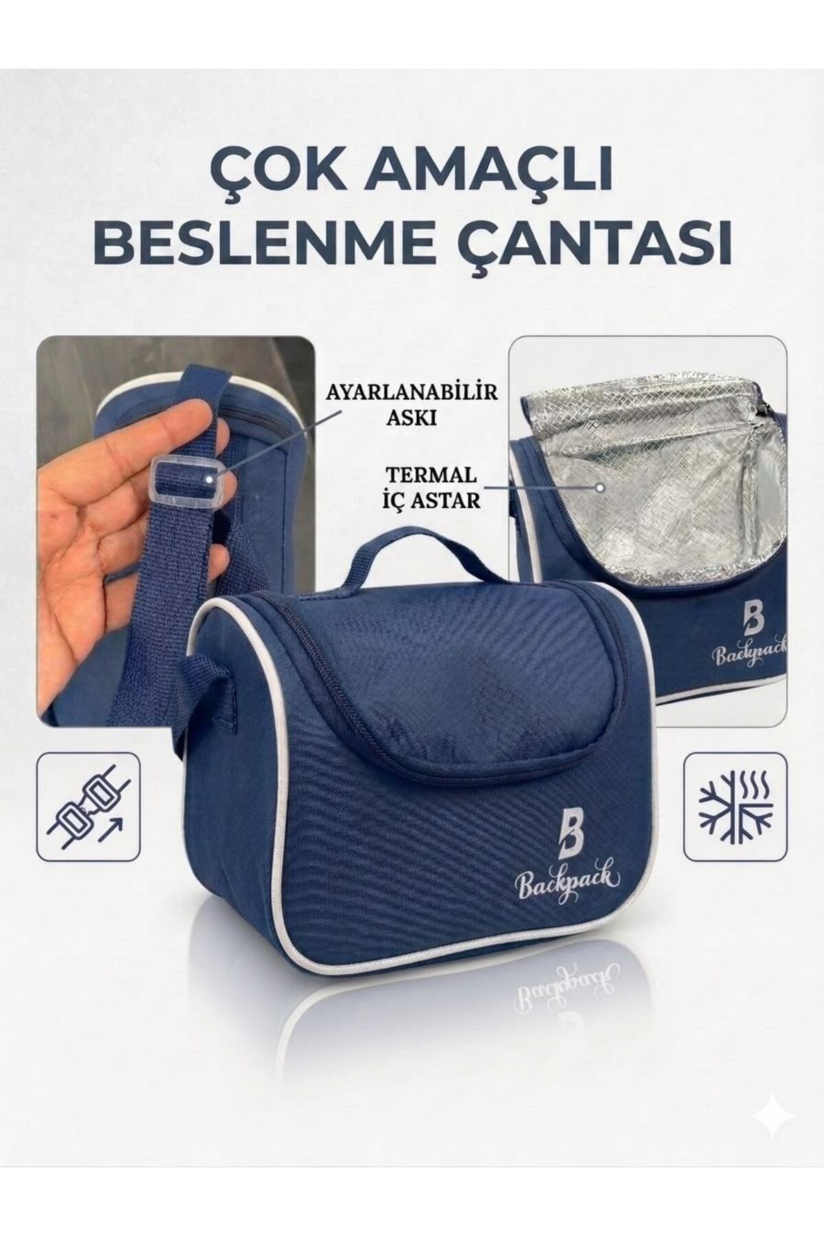 GoldLine AVM Backpack Folyolu Isı Yalıtımlı Lüx Günlük İlkokul Ortaokul Okul Gezi Beslenme Çantası Lacivert görsel 2