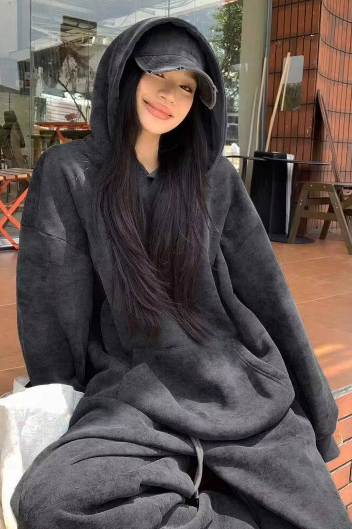 Washed Siyah Yıkamalı 3 İplik Oversize Kapüşonlu Paçası Lastikli Premium Sweatshirt Şalvar Eşofman Takımı — مشکی K121WASHEDTAKIM — تصویر 4 از 7