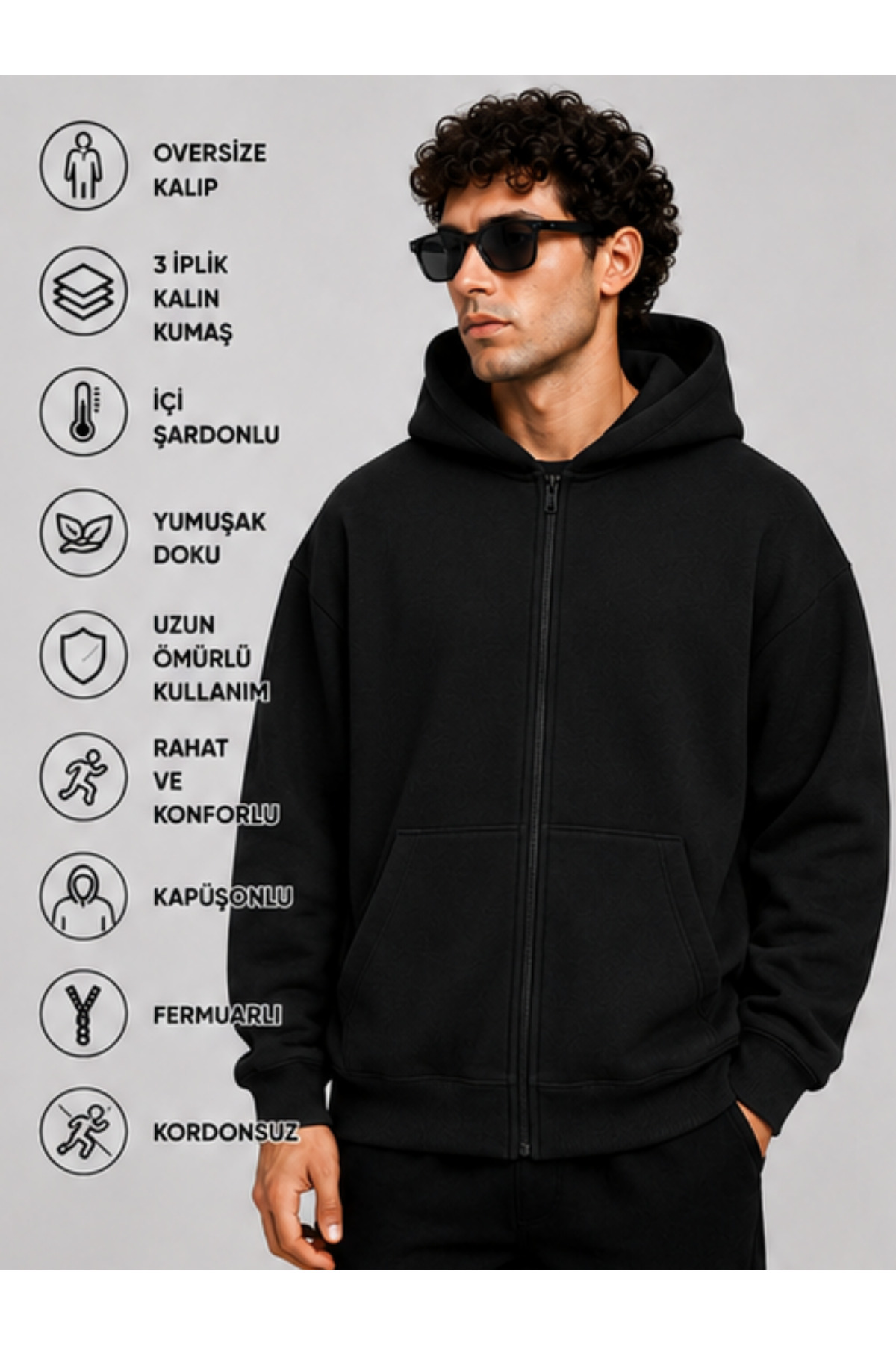Deep sense Men's Hooded Zippered Oversize Sweatshirt Winter School Cardigan with Embossed Print
