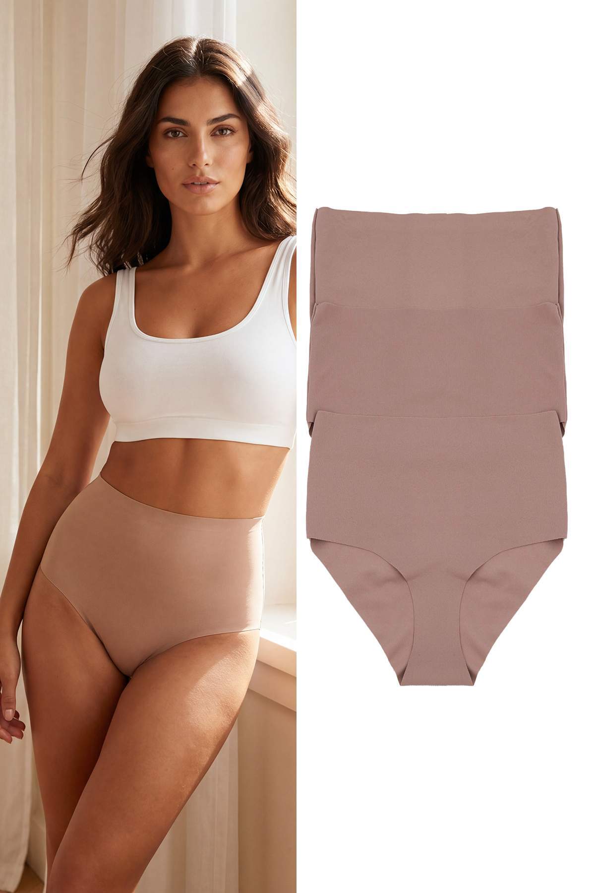 Trendyol Kollektion Braune 3er-Packung Micro Seamless/No Trace Laser Cut Hips...