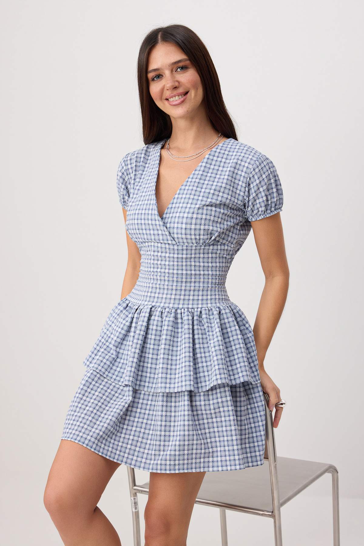 Trendyolmilla Mavi Ekose/Kareli Kısa Dokuma Elbise TWOSS26EL00777