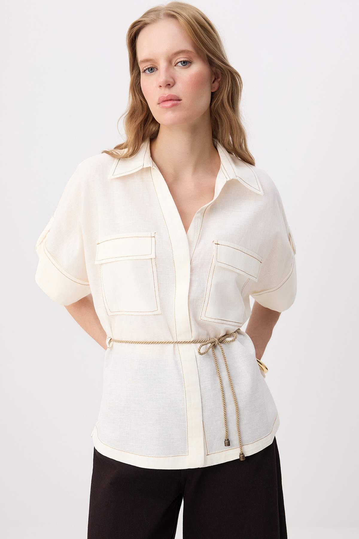 Trendyol Collection White Linen Look Belted Shirt Twoss26Go00216