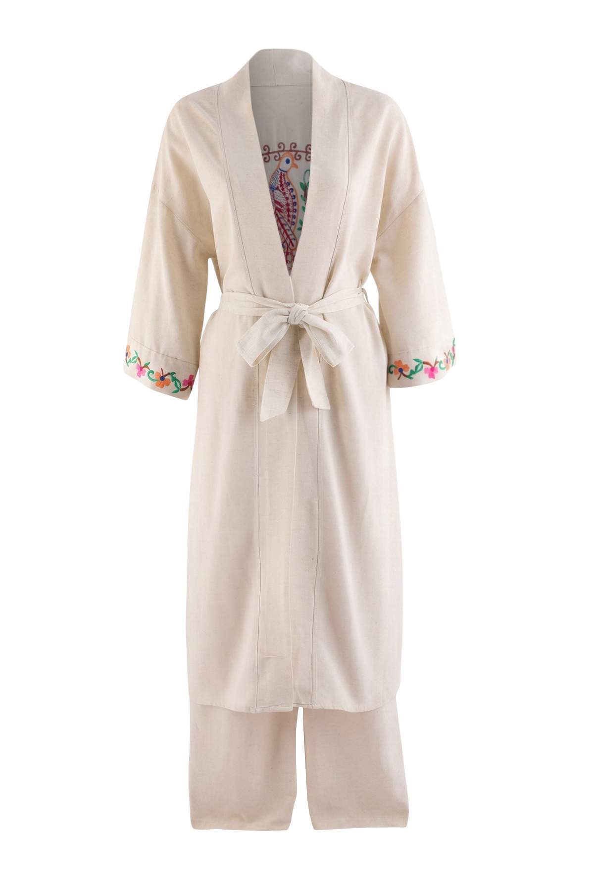 Trendyolmilla Bej Çiçek Desenli Dokuma Maxi Plaj Kimono Pantolon Takım TBESS26AU00099