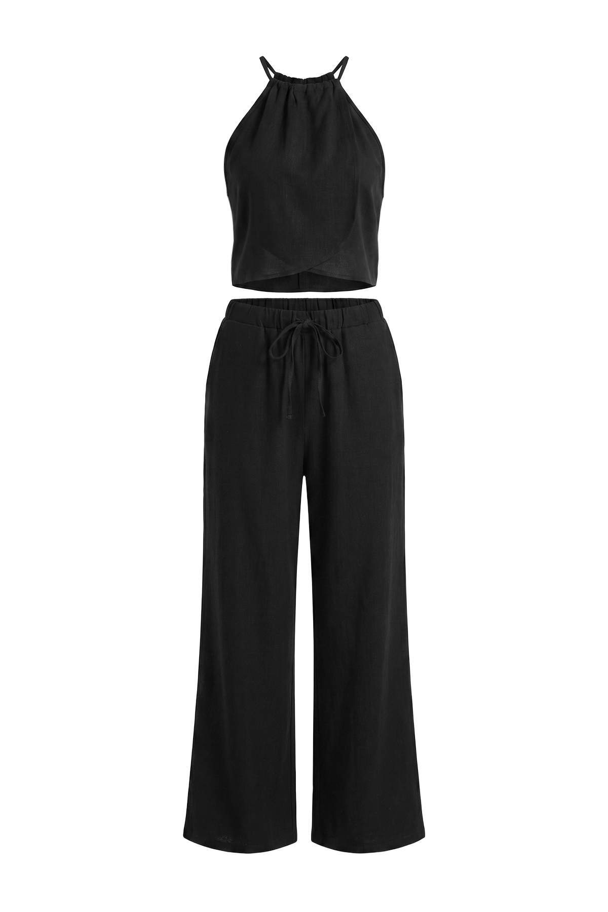 Trendyolmilla Siyah Keten Karışımlı Bluz Pantolon Plaj Takım TBESS26AU00062