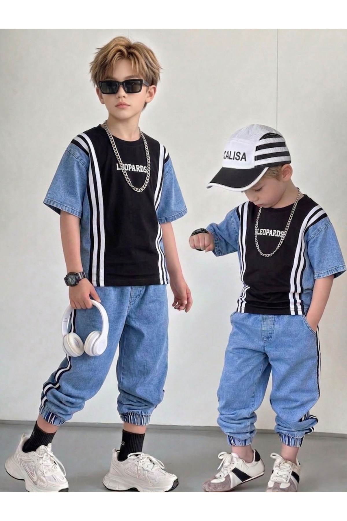 Premium Boys' Jeans Detailed Striped Summer Suit Denim Sports Stylish Combination | Holiday Sister Combination