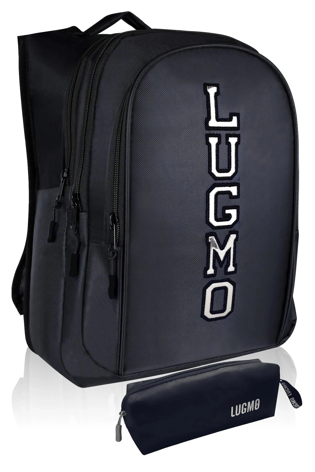 Three-Eyed Padded School Bag with Lining and Pencil Holder Middle School High School Bag with Coat of Arms Black