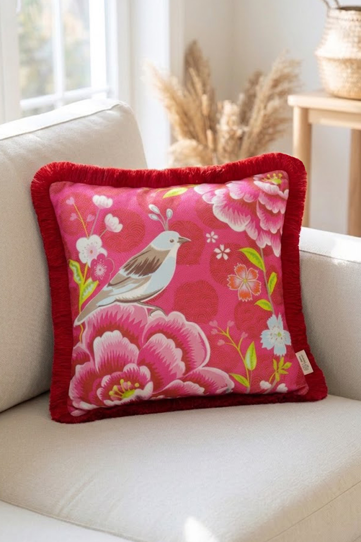 Pink Bird Theme Pattern 43x43cm Square Pillow Case with Red Tassels