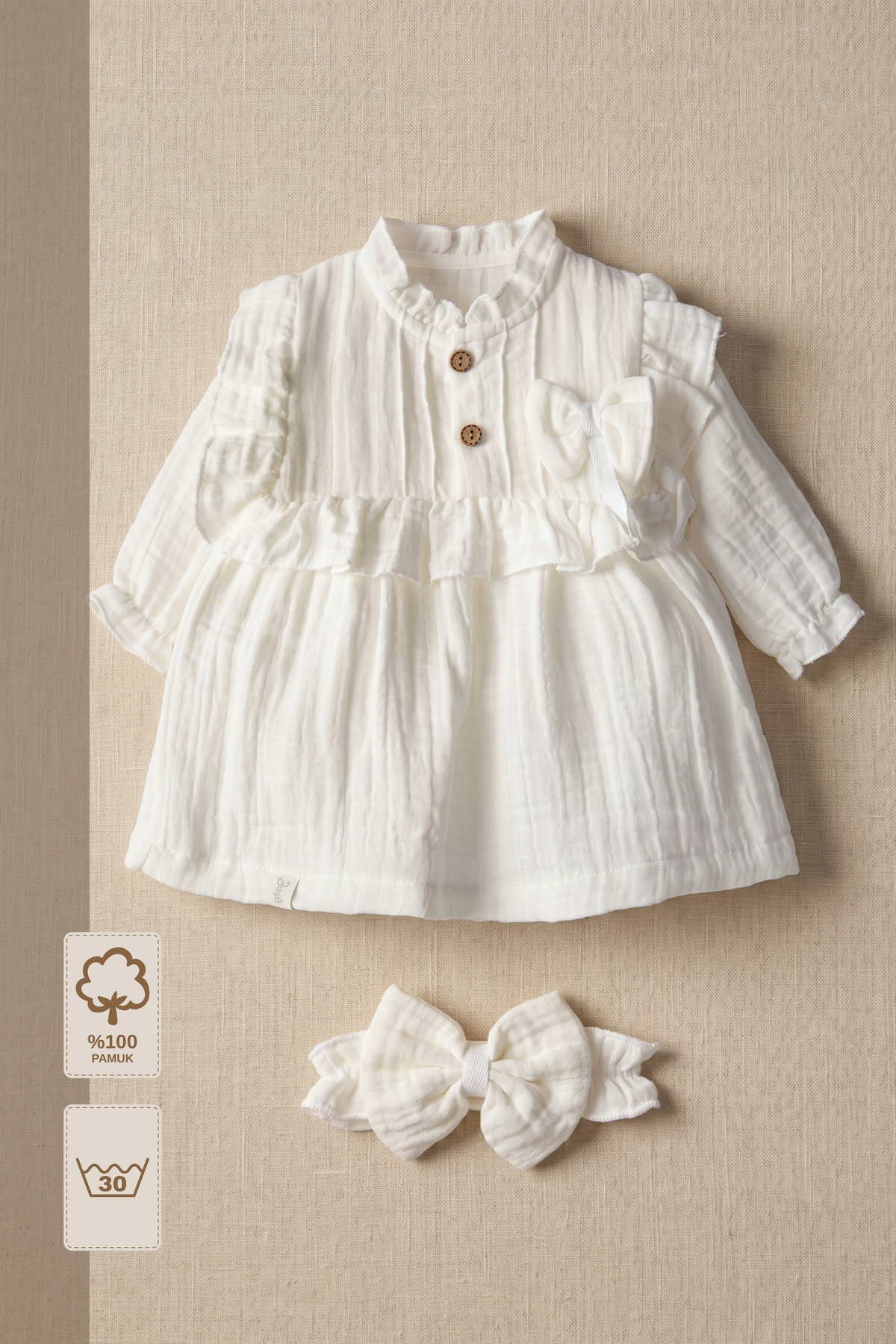 Minory Baby - 100% Cotton Bowknot Muslin Dress & Headband Set