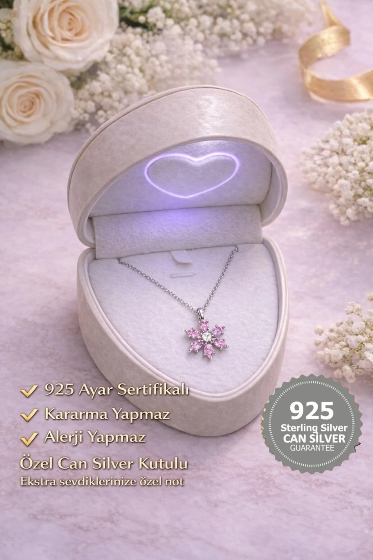 CAN SİLVER 925 Ayar Gerçek Gümüş Pembe Zirkon Taşlı Manolya Çiçeği Gümüş Kadın Kolye-Anneler Günü Hediyesi- Şans Ve Bereket Kolyesi