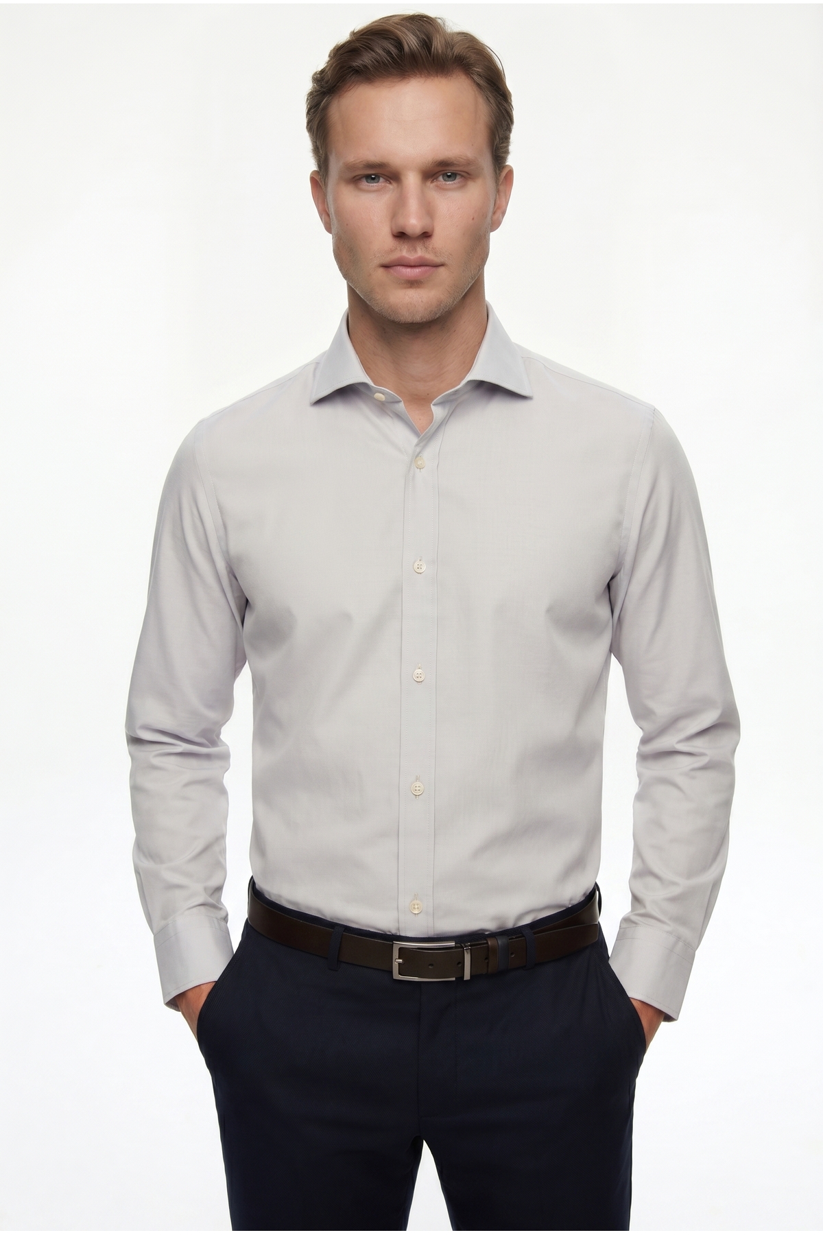 Ds Groom Slim Fit Grey Classic Tie Down Long Sleeve Easy Iron Shirt
