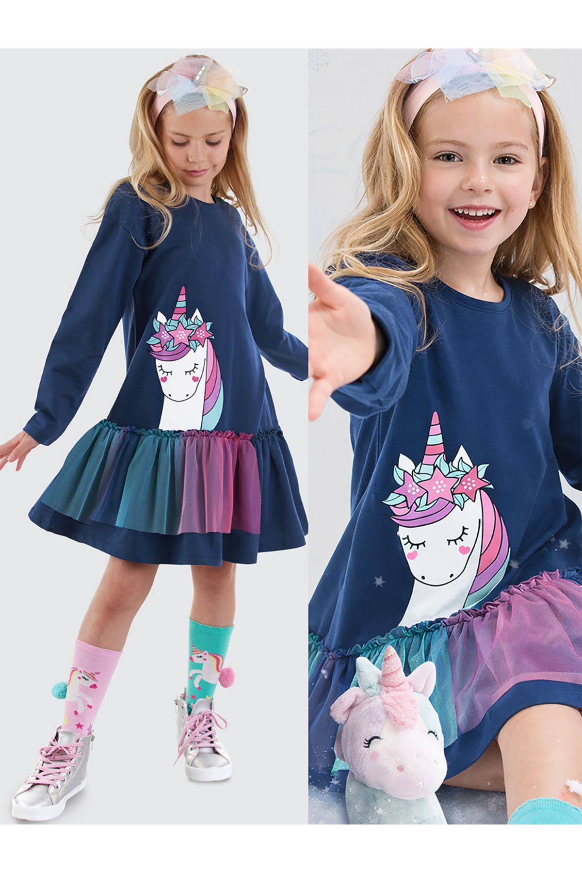 Denokids Tüllü Unicorn Kız Çocuk Lacivert Elbise