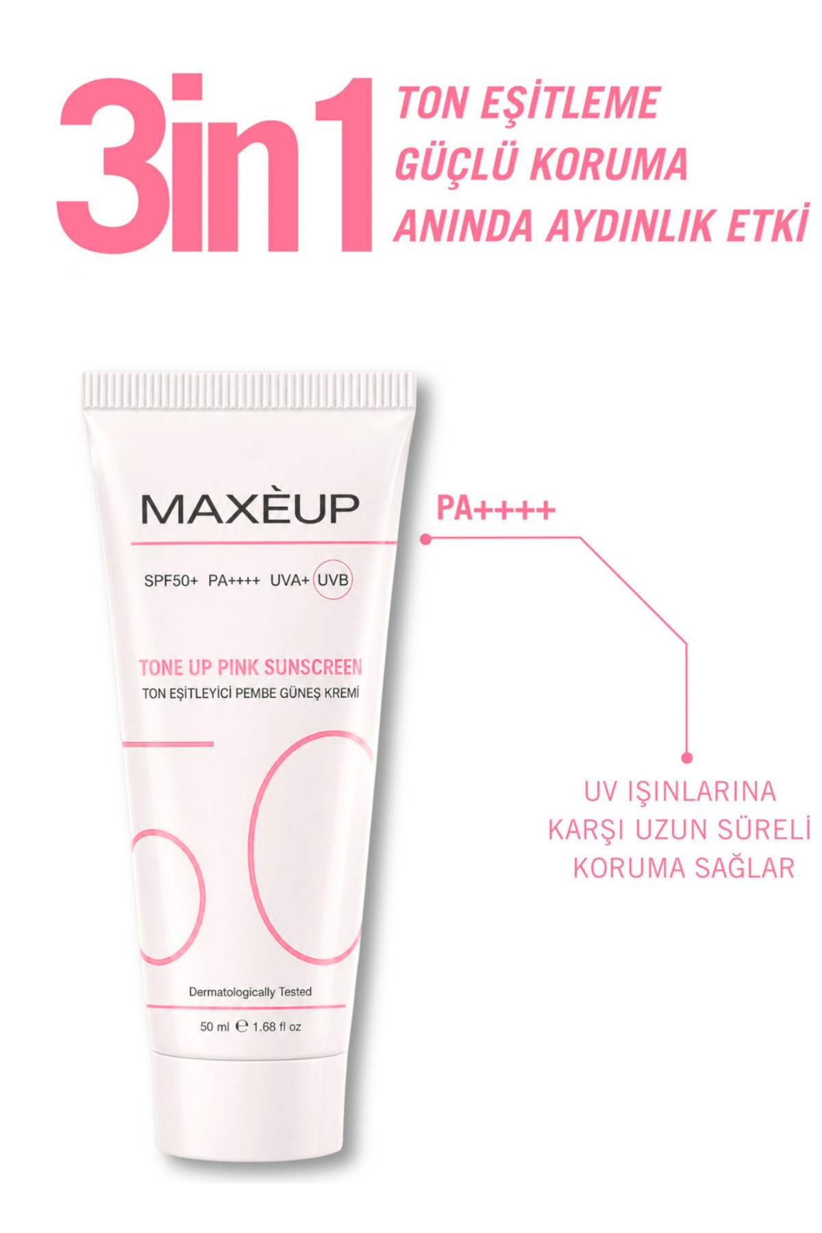 SPF 50+ Ton Eşitleyici Pembe Güneş Kremi | Hyaluronik Asit | Aydınlatıcı | Renk Eşitleyici | 50 ml — MAXE02 — تصویر 2 از 7