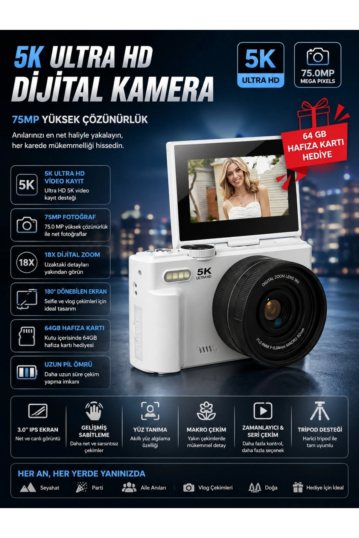Vothoon 5K 75MP 18X Zoom Flaşlı 3” Flip Ekranlı Türkçe 64GB Kart Dijital Vlog Fotoğraf Makinesi