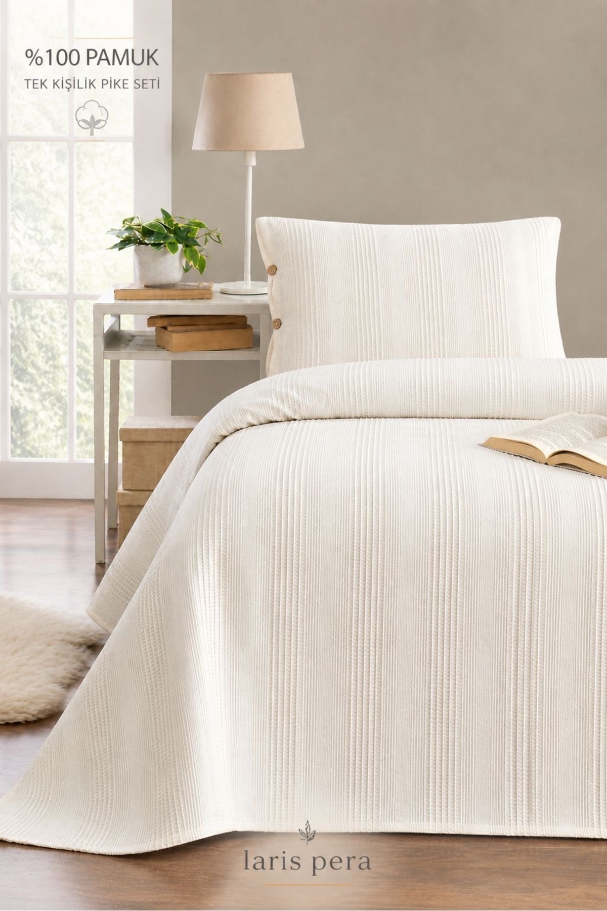 100% Cotton Single QUILTING Bedspread Set Border +1 Buttoned Pillowcase (50x70) Cream