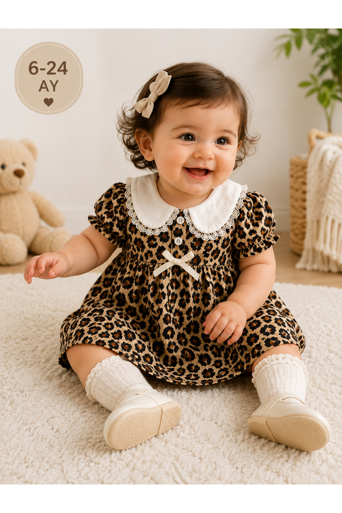 babymilk Kız Çocuk Leopar Desenli Dantel Yaka Elbise Kurdele Detaylı Şık Tasarım Elbise