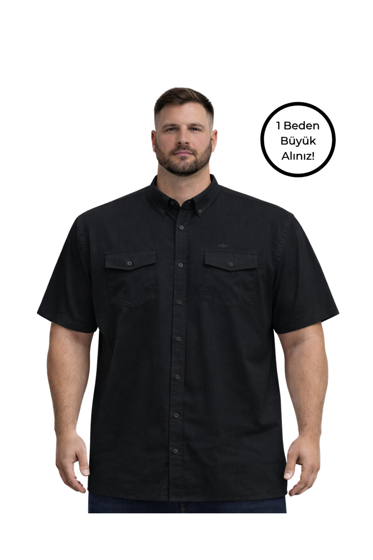 BattalModa Erkek Büyük Beden Siyah Çift Cepli Kısa Kollu Gömlek 3XL-4XL-5XL-6XL-7XL-8XL