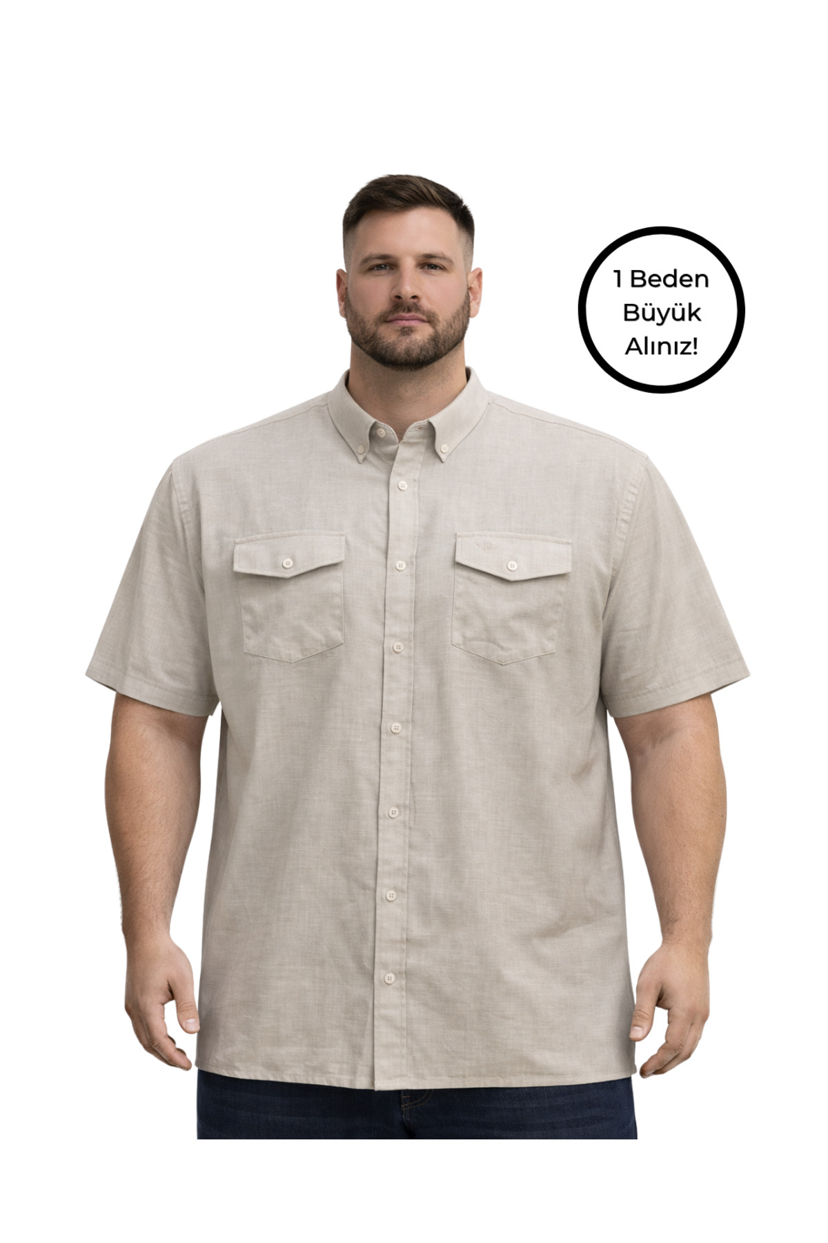 BattalModa Erkek Büyük Beden Bej Çift Cepli Kısa Kollu Gömlek 3XL-4XL-5XL-6XL-7XL-8XL