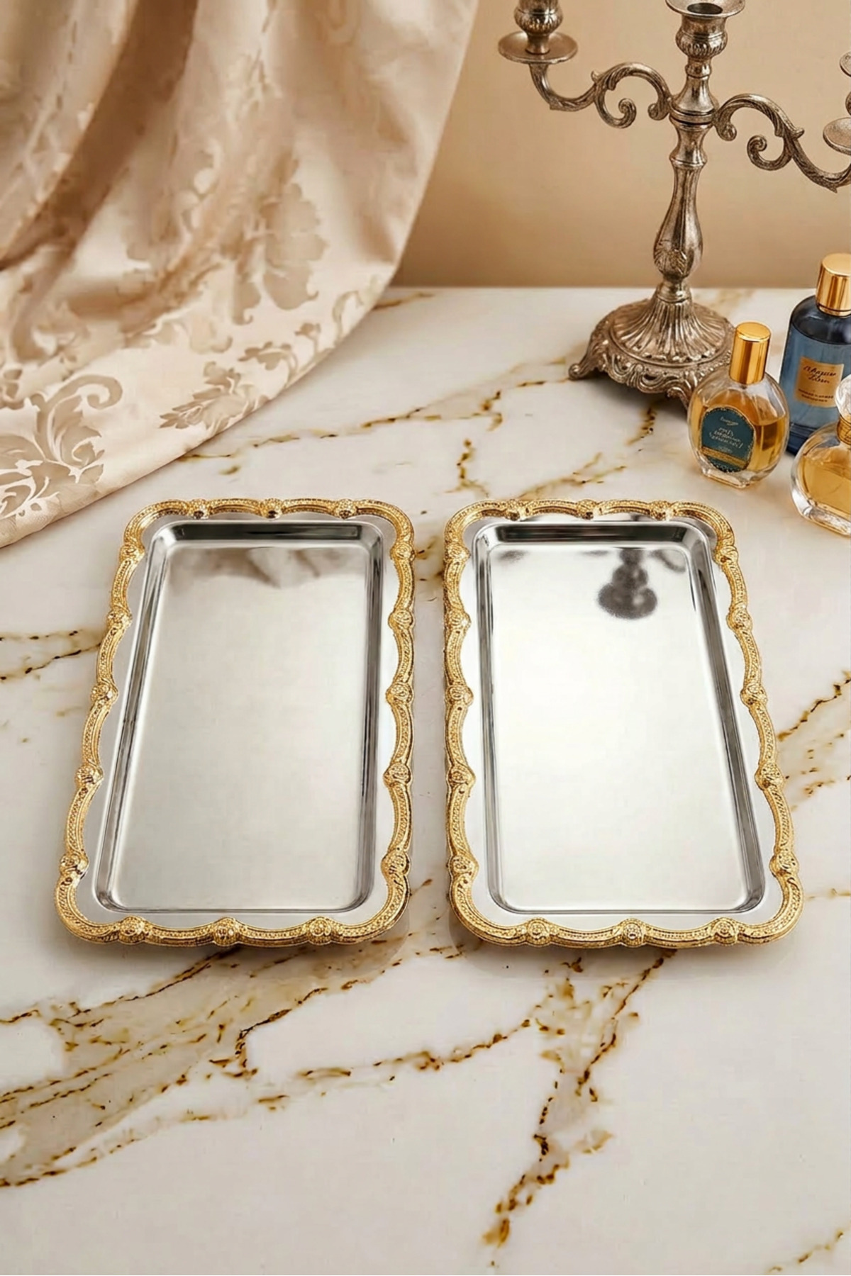 Rumlov Silver 2-Piece Stainless Steel Gold Frame Coffee Serving Tray Baton