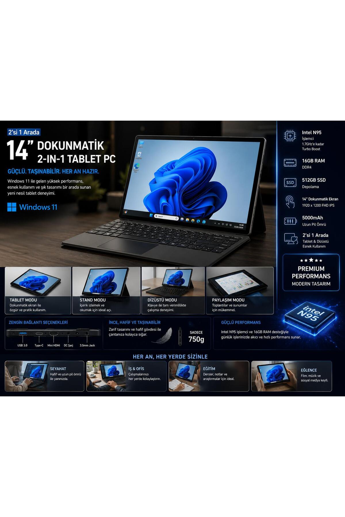 Wenn Ultra 14 " Xeon Windows 11 Tablet Pc 16 GB Ram 512 GB Hafıza 2200x1440