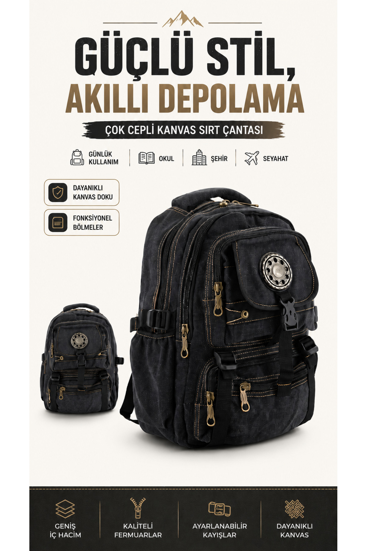 KAFF ÇÇS Siyah Ccs51415 Kanvas Kumaş Unisex Suya Dayanıklı Çok Cepli Sırt Çantası