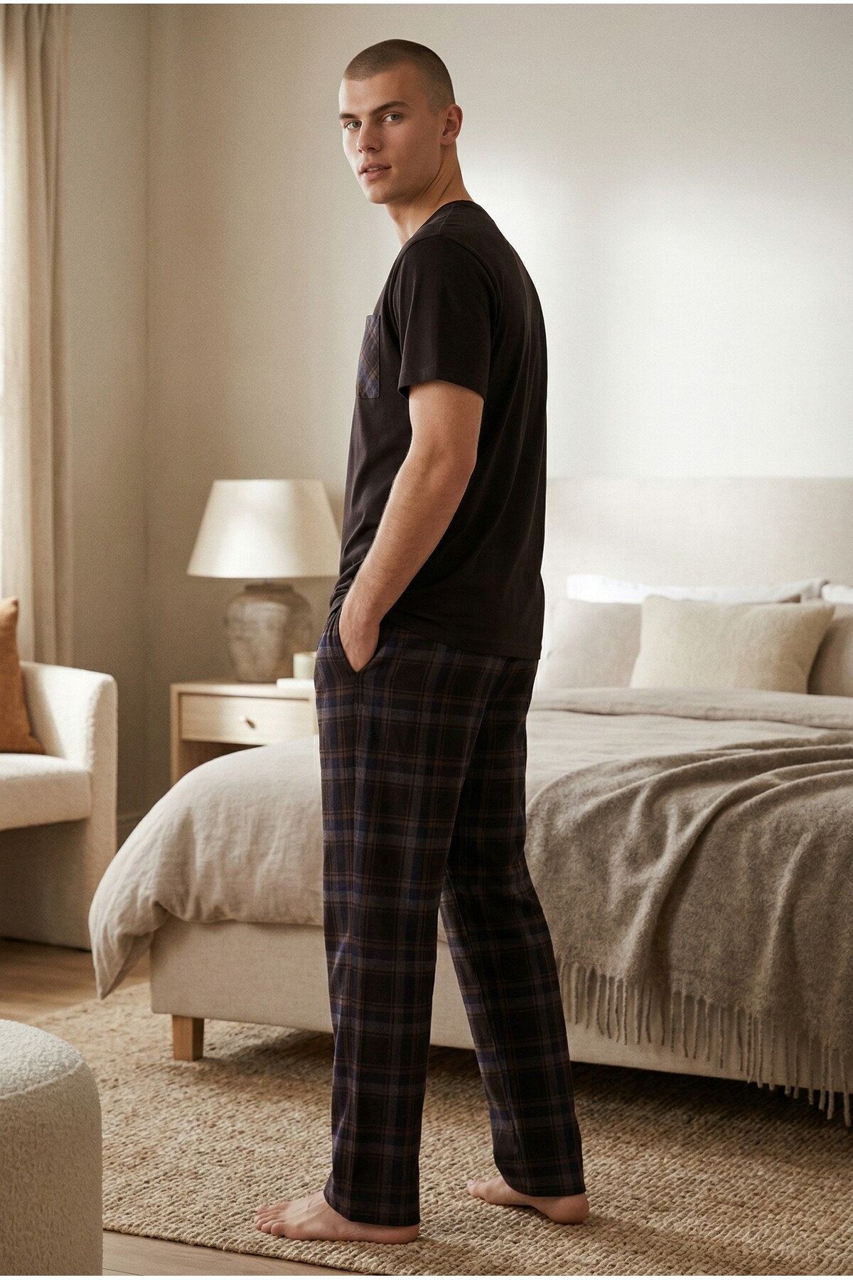 koza iç giyim Erkek Pamuklu Üst Füme Göğüs Cepli Kısa Kollu Pijama Takımı görsel 4