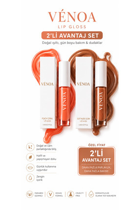 Venoa 2’li Dudak Parlatıcısı Seti – Nude & Peach Lip Gloss, Dolgun ve Parlak ...