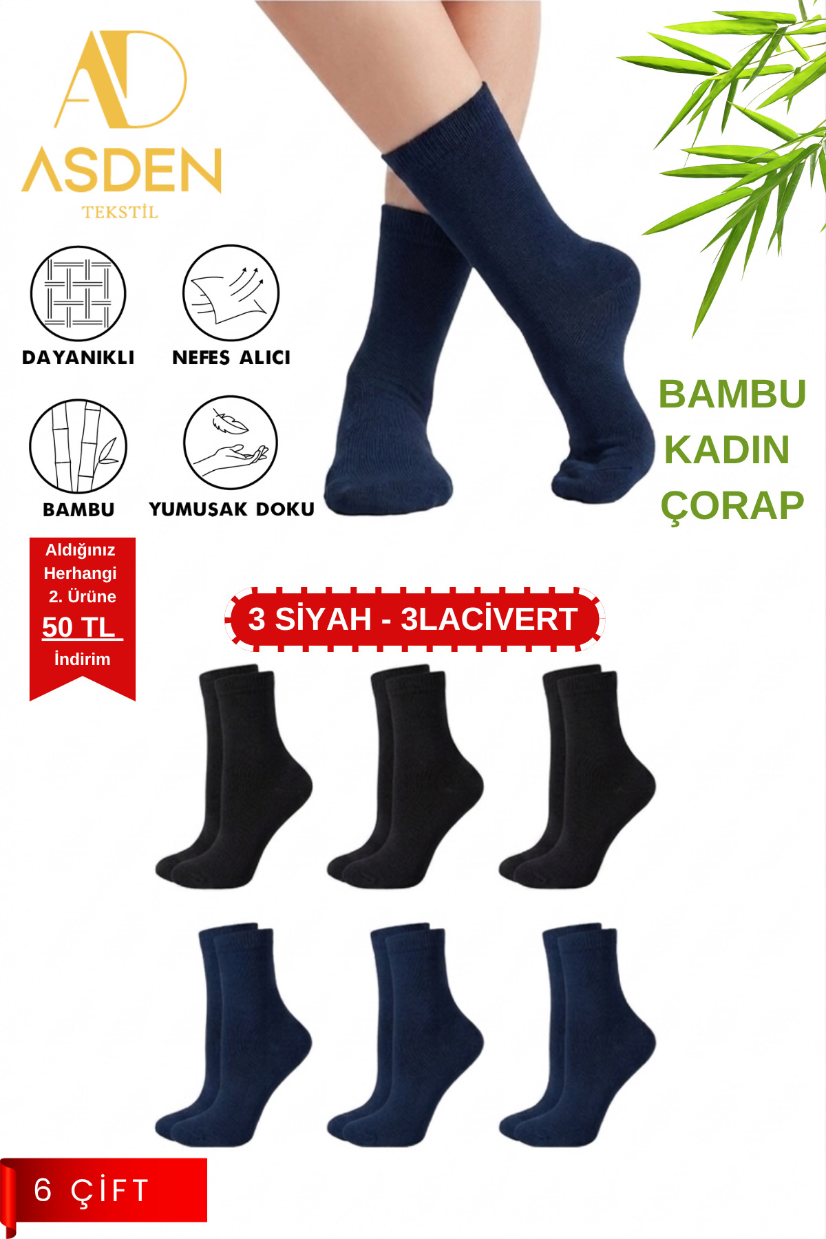 Bamboo Women's Socket Socks 3 Black-3 Navy Blue 6-Pack, Washable, Seamless toe