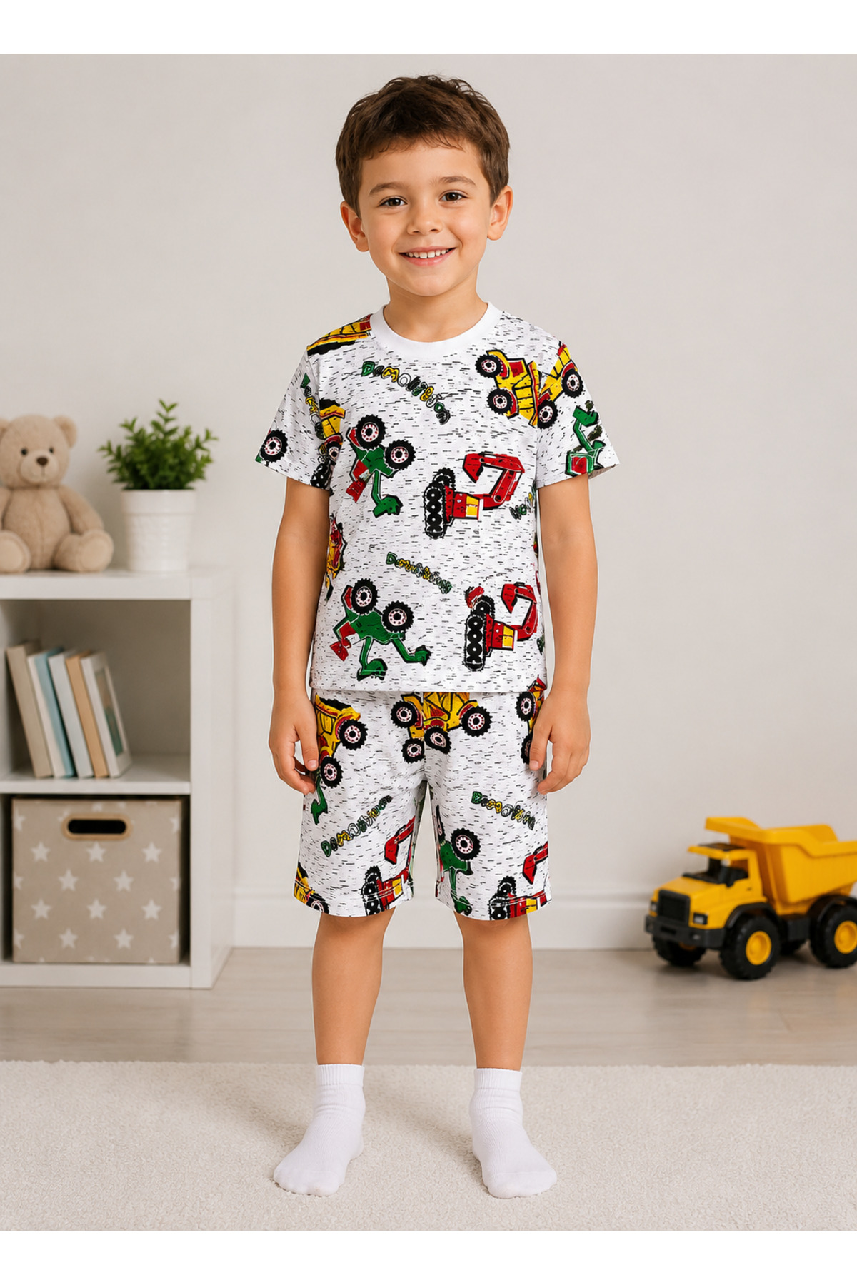 ALİŞ KİDS Boy's Cotton White Scoop Work Machine Patterned Short Sleeve Shorts Summer Pajama Set