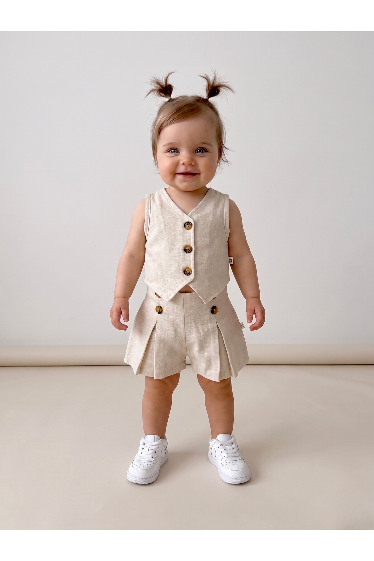 Jammybaby Lavem 100% Raw Linen Vest / Shorts Baby Girl Suit-Natural