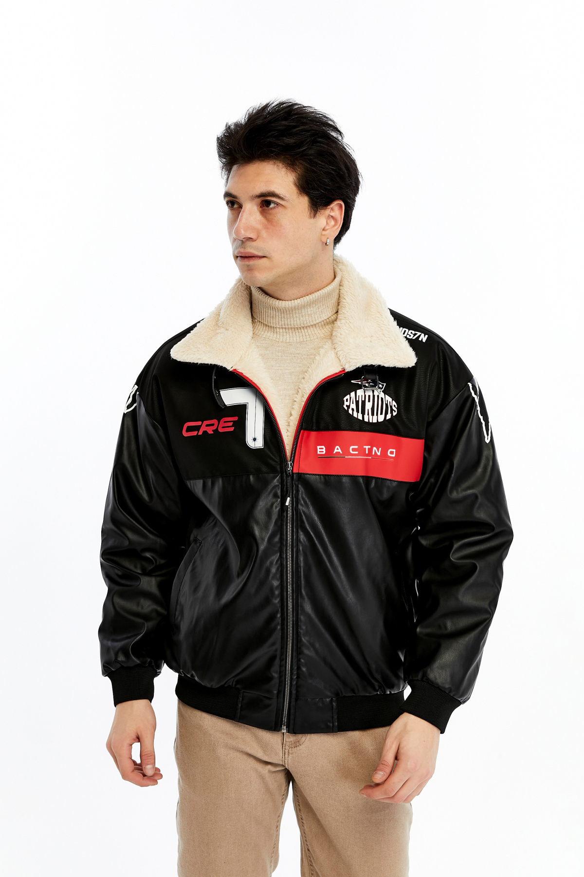 Unisex Oversize Fermuarlı Mont İç Kürklü – Siyah Şeritli Streetwear Trend — مشکی 38020K — تصویر 2 از 8