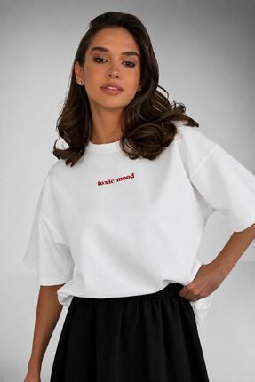 QUKA Toxic mood baskılı/beyaz %100 pamuk 24/1 Oversize Tshirt