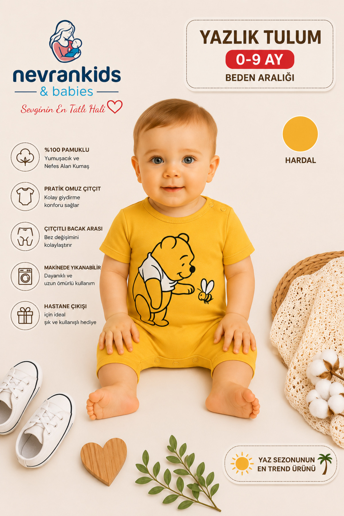 Bear Printed Summer Jumpsuit 0 - 6 Months Yellow