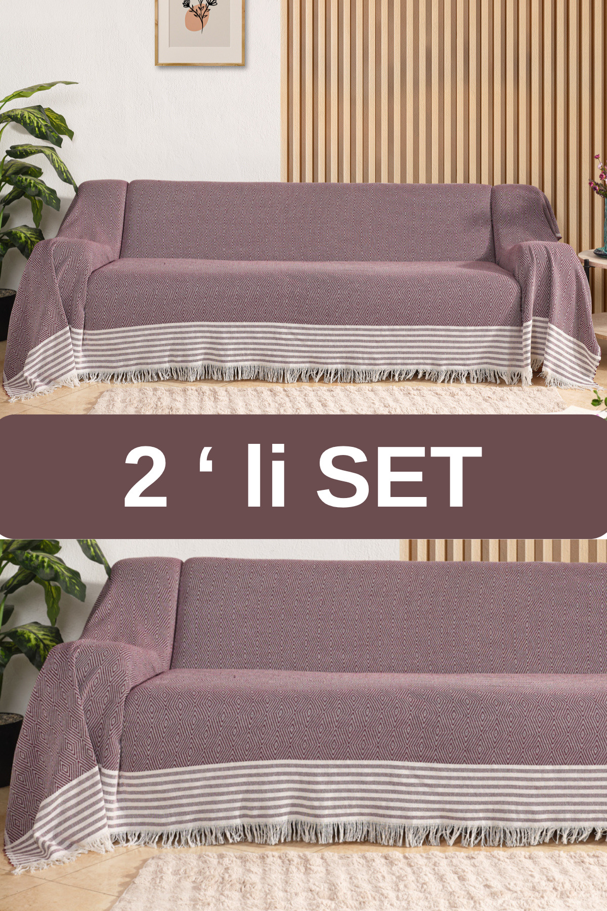 310 Cm Sofa Sofa Bed Cover Covering Burgundy Cotton Arms Non-Slip Design with Front Eaves (2PCS)