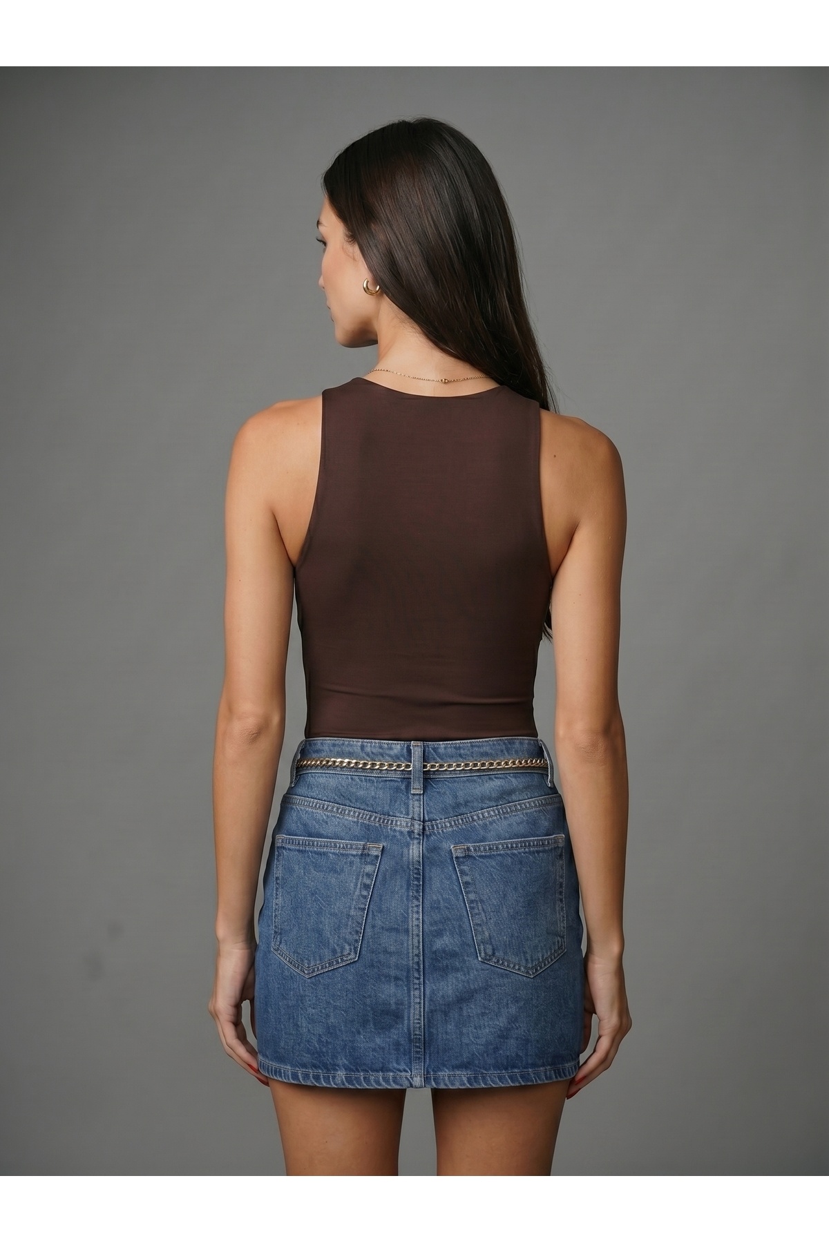 Kadın Kahverengi Halter Yaka Slim Fit Likralı Bodysuit Günlük Şık Çıtçıtlı Body 5