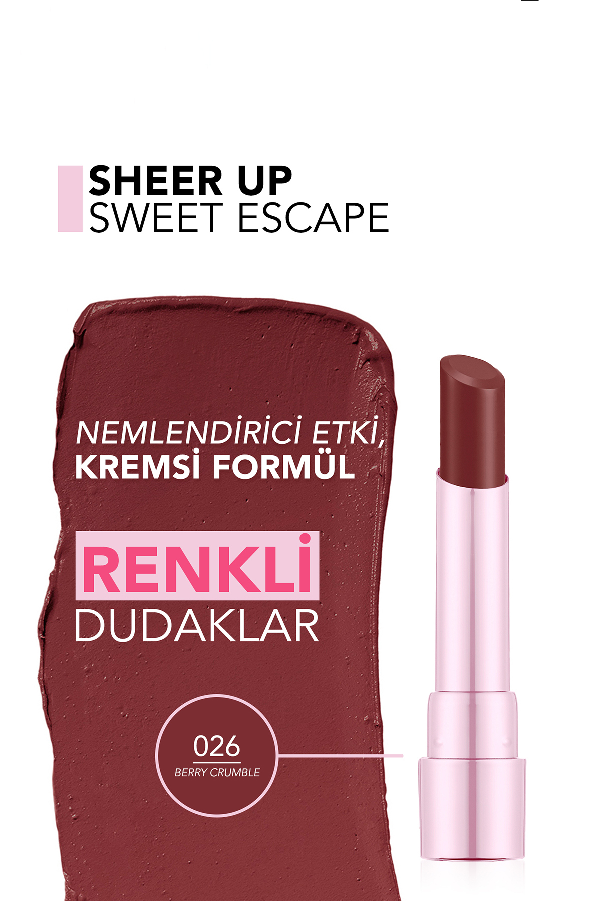 رژ لب مرطوب کننده نیمه شفاف و براق Sheer Up Sweet Escape - 026 Berry Crumble - 8682536121354 — زرشکی 10313 — تصویر 4 از 5