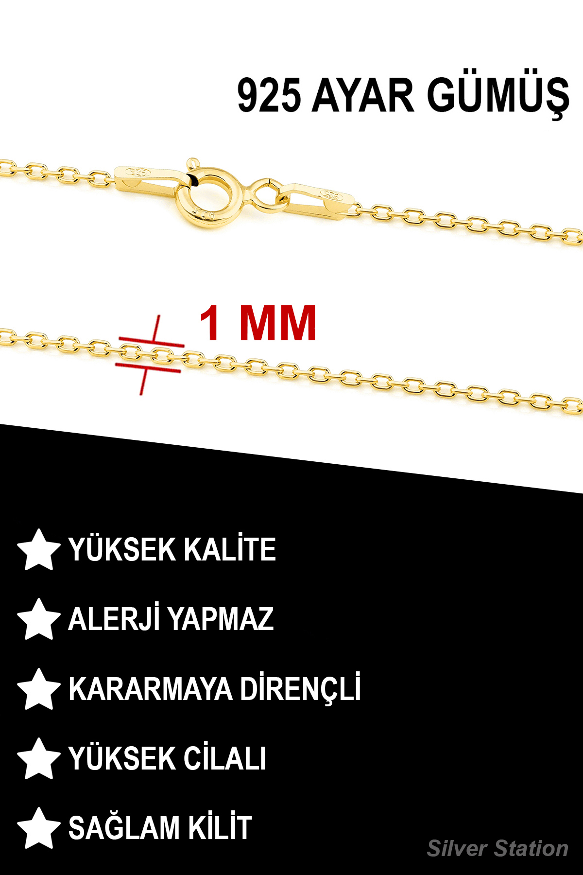 Silver Station Altın Renk 925 Ayar Gümüş Kolye - Gold Zincir Kolye 40-45-50-55-60-75 cm görsel 3