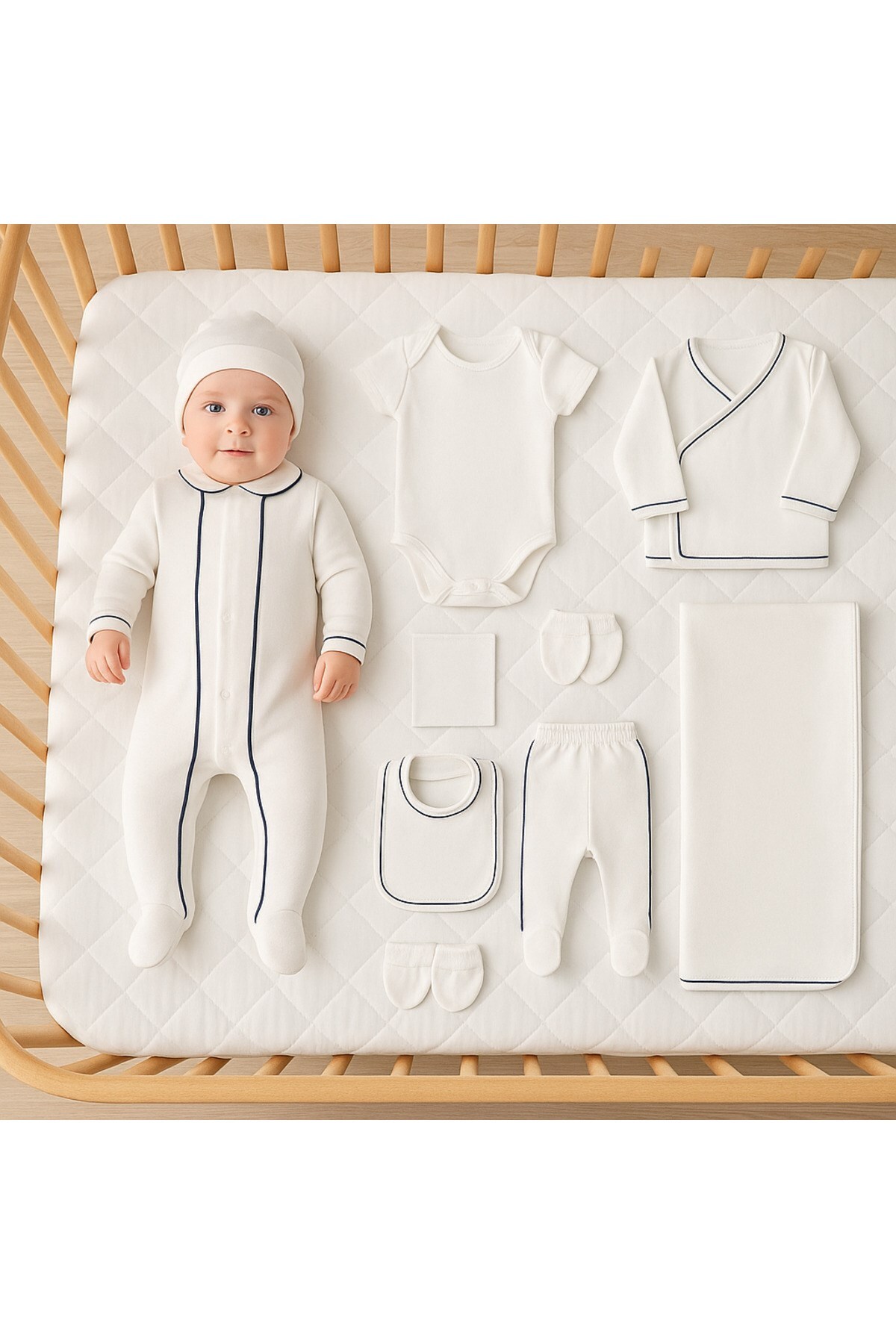NEWBORN HOSPITAL DISCHARGE BODYSUIT SET OF 10 WITH BABY BOY, BOXED