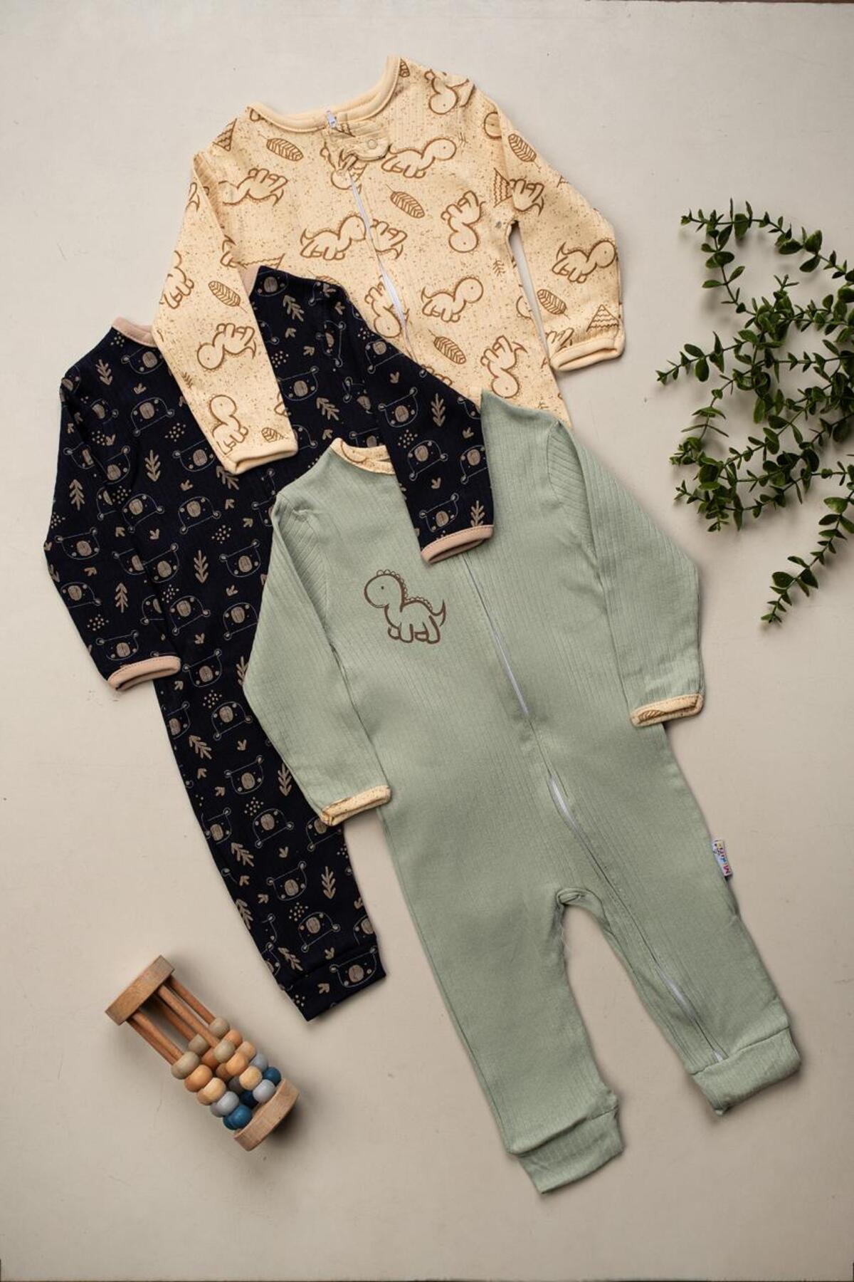 ENİA BABY Unisex Baby Rompers Set of 3 9-12-18 Months Zippered Cotton Ribbed Dinosaur Patterned