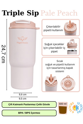 Fagel Fenix 600 ml Triple Sip Pale Peach Çift Katmanlı Paslanmaz Çelik Termos...