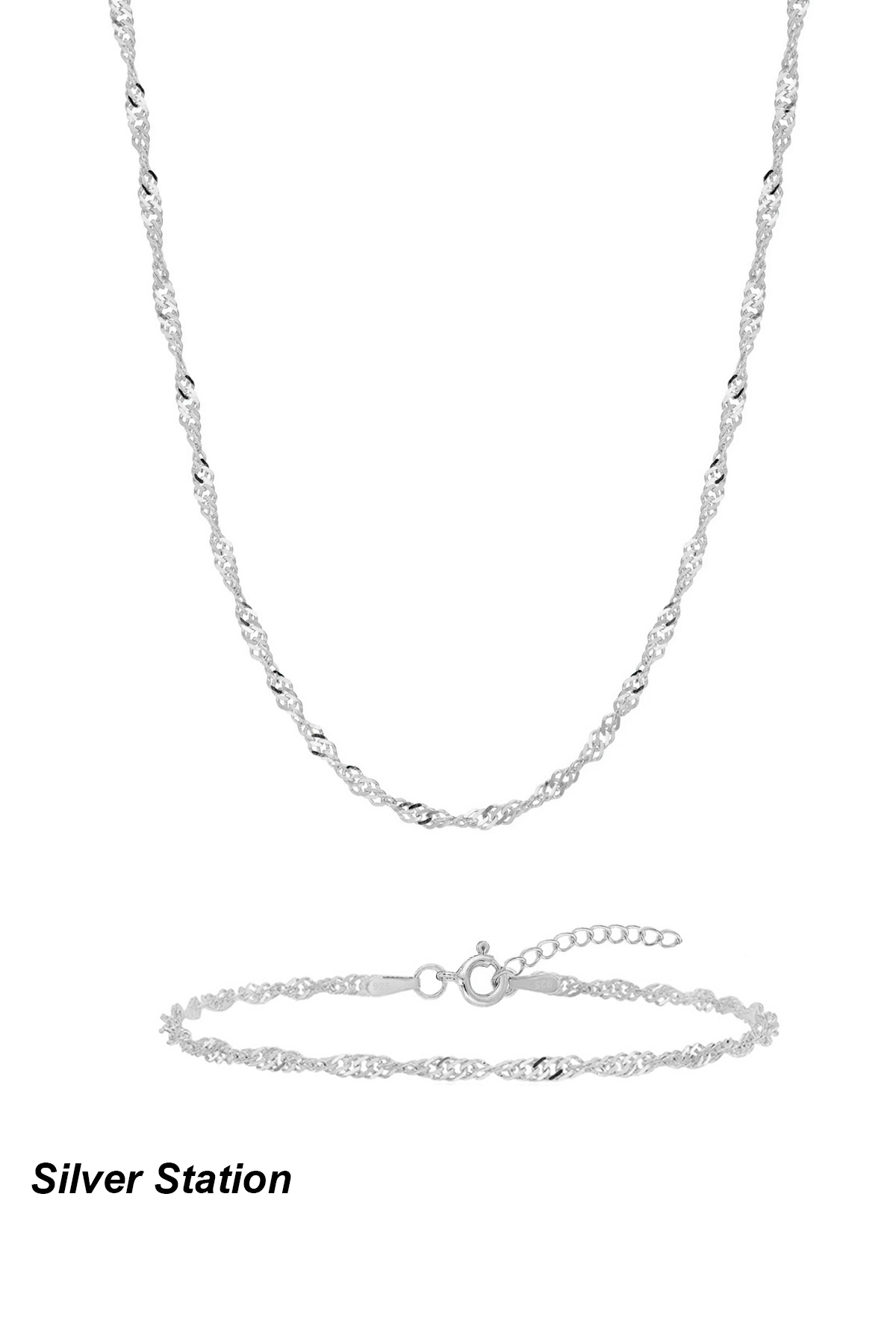 Silver Station 925 Ayar Gümüş Singapur Kolye ve Bileklik Set 40-45-50-55-60-75 cm