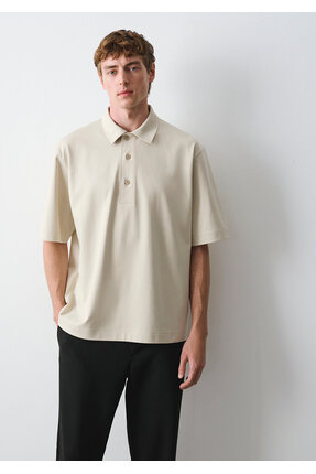 Mavi Bej Polo Tişört Loose Fit / Bol Rahat Kesim 0613344-70144