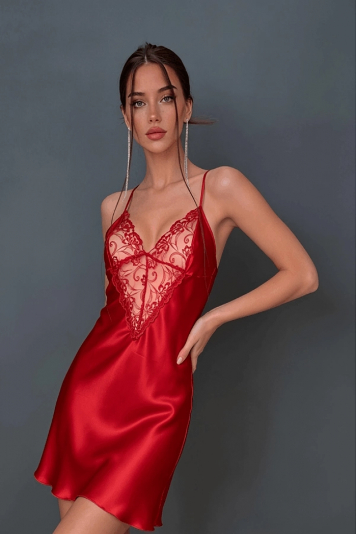 Red Lace Neckline Nightgown