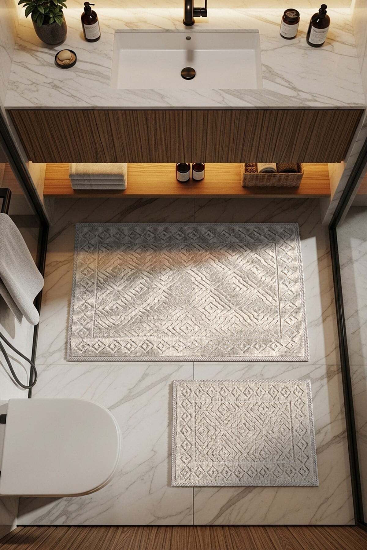 Sakura Sk008a Natural Cotton 2-Piece Bath Mat Set 60x100 60x50cm Non-Slip Base Machine Washable