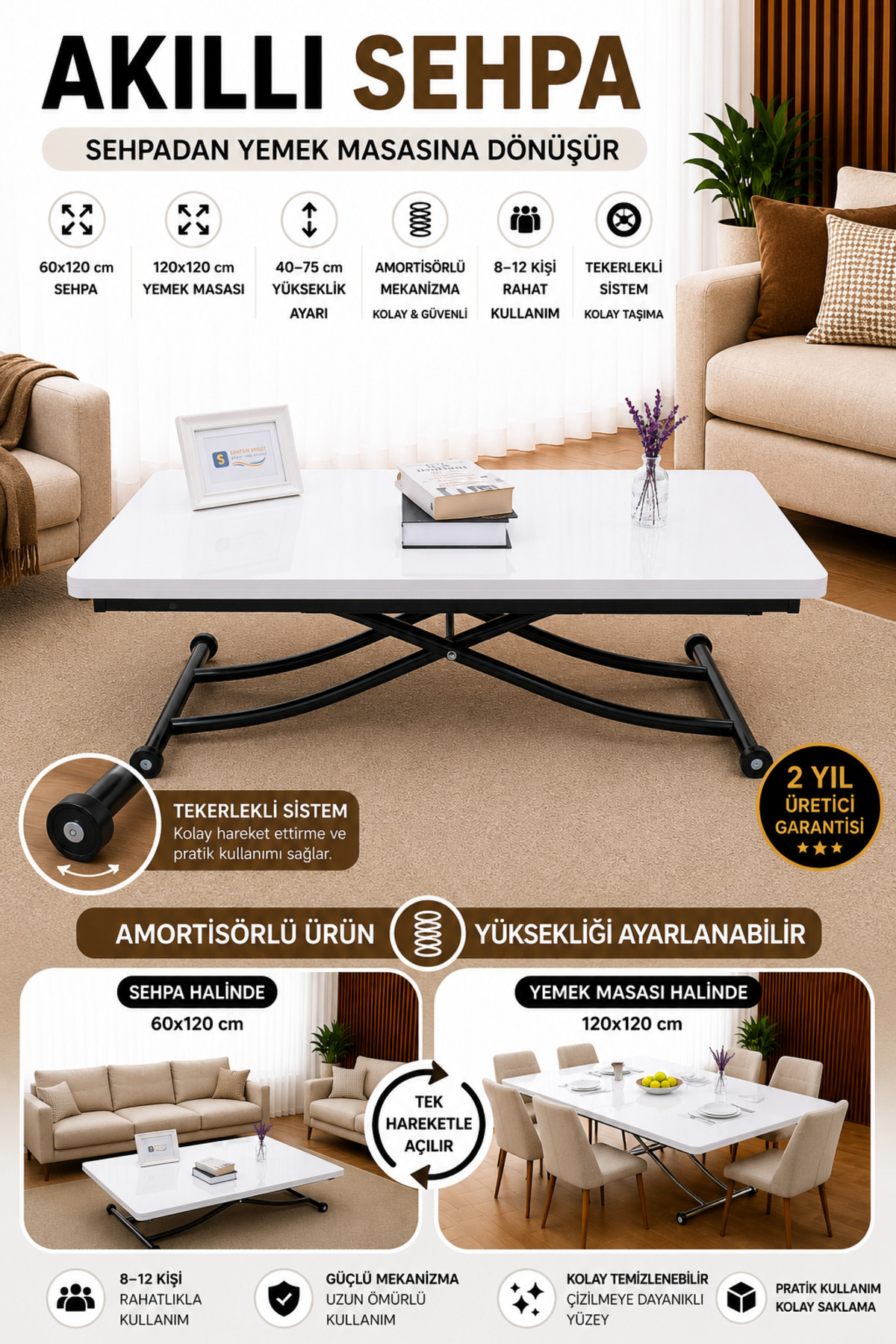 Akıllı Sehpa Juppo Üst Tabla Mdf Beyaz Oval Köşe Alt Siyah Içe Kıvrım