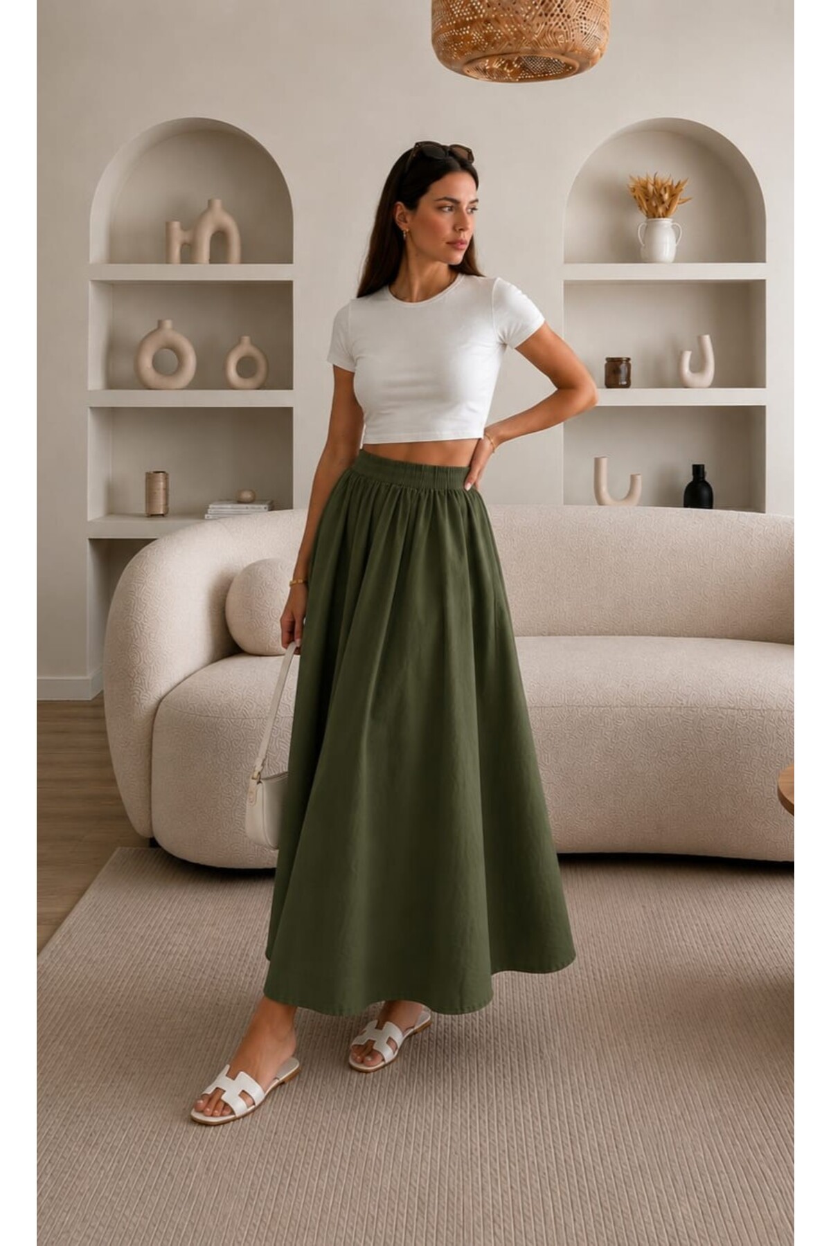 Gülmude Çift Cepli Poplin Kumaş Beli Lastikli İç Göstermez Maxi Etek (90 CM) görsel 4